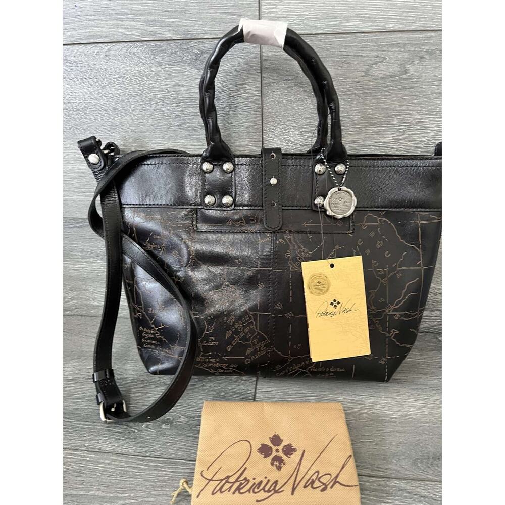Patricia Nash Analia Top Handle Crossbody Tote Black Laser Map Bag A396721 - Picture 1 of 9